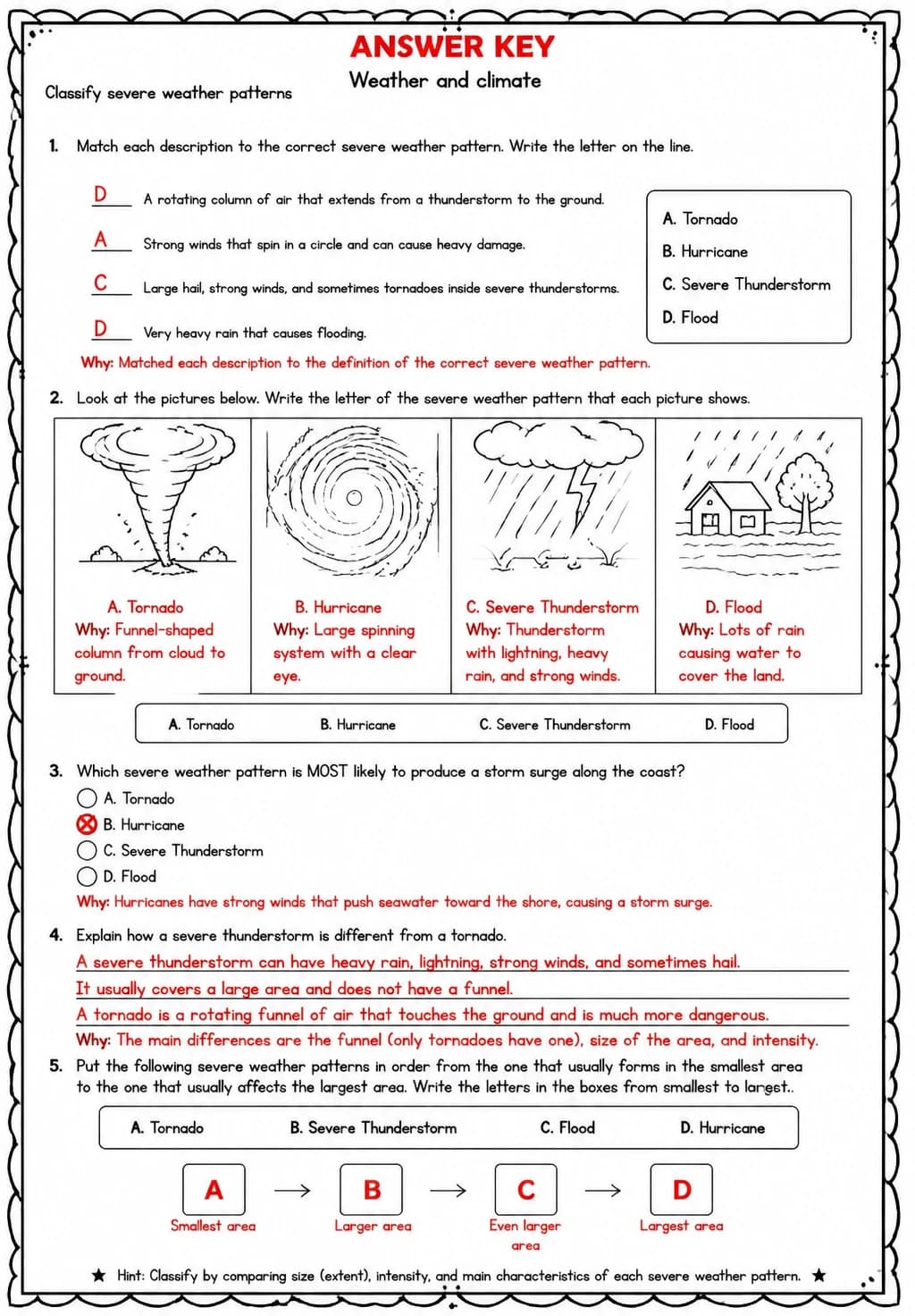 Answer key for Classify severe weather patterns — free printable Science worksheet