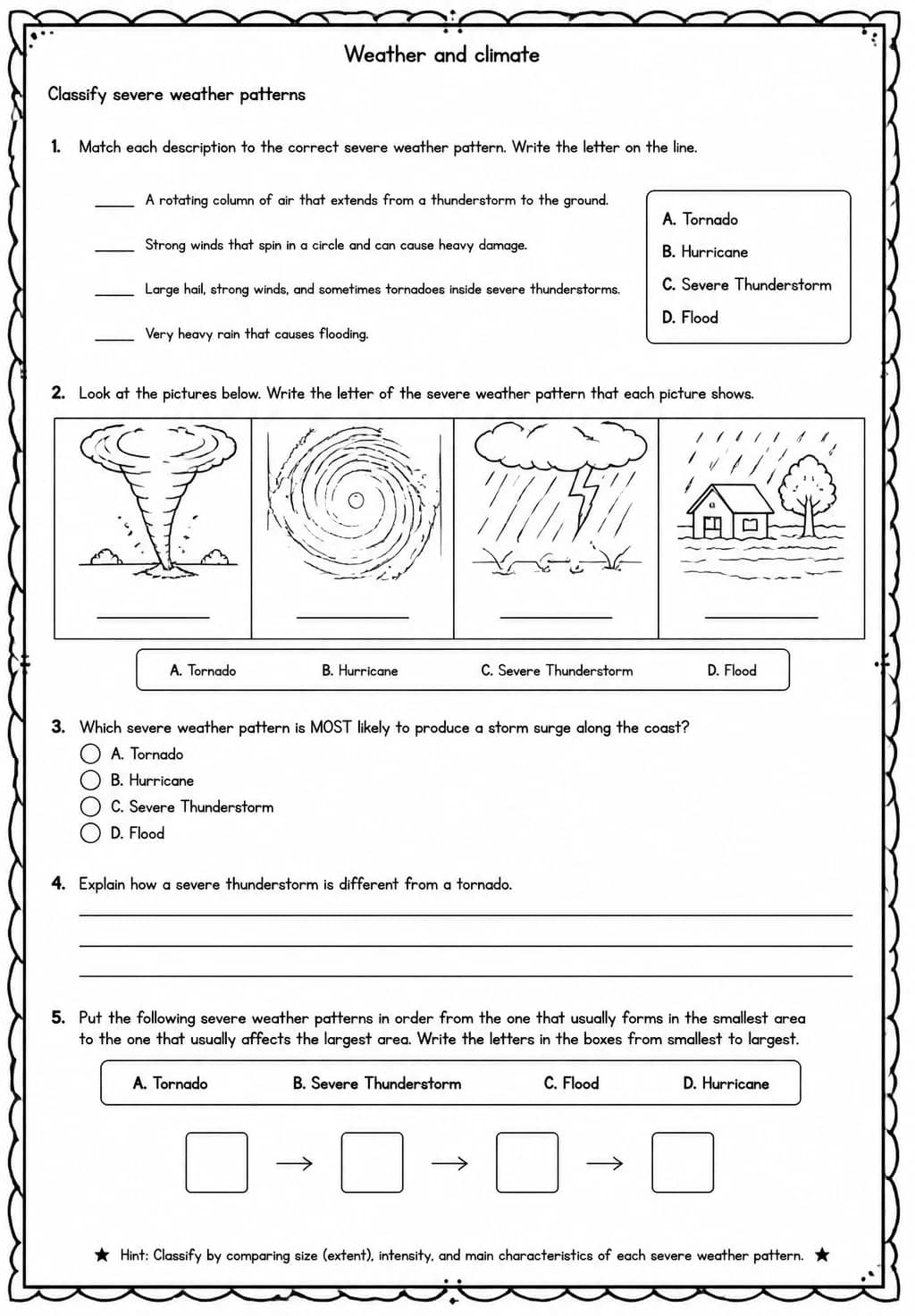 Classify severe weather patterns — free printable Middle School Science worksheet