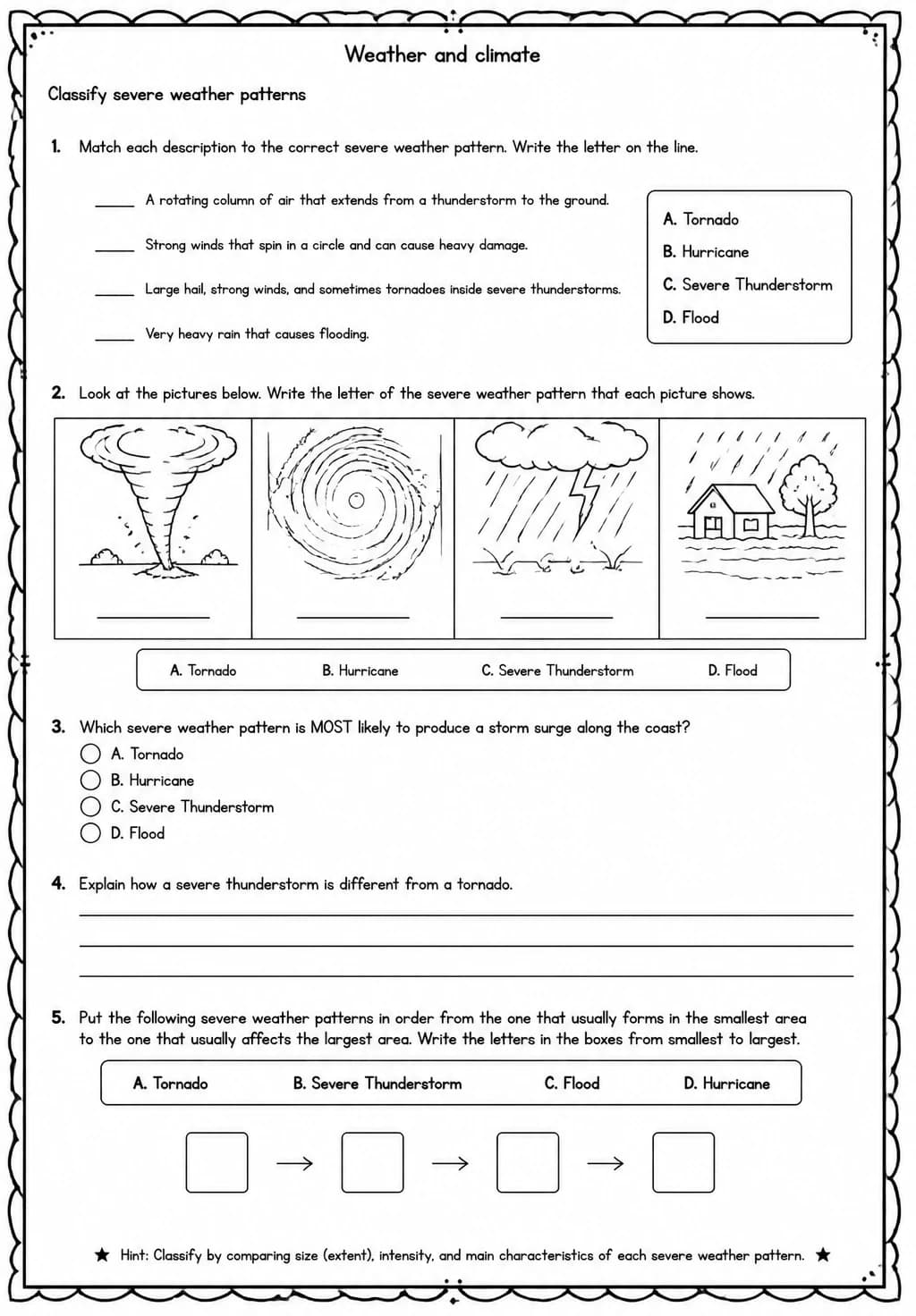 Classify severe weather patterns — free printable Middle School Science worksheet