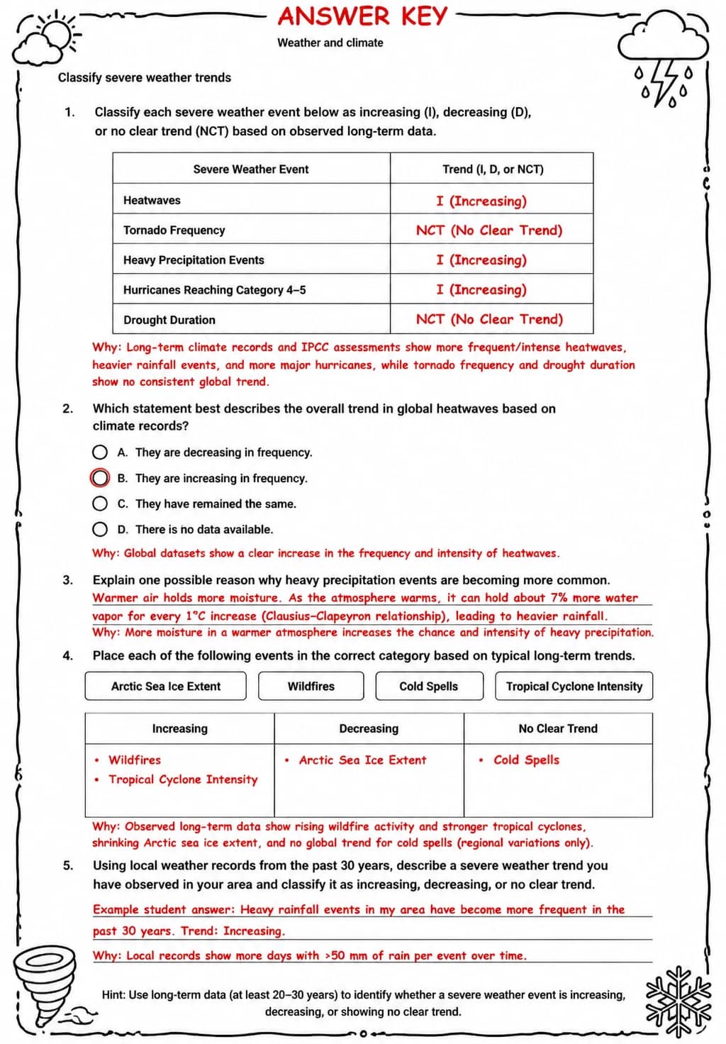 Answer key for Classify severe weather trends — free printable Science worksheet