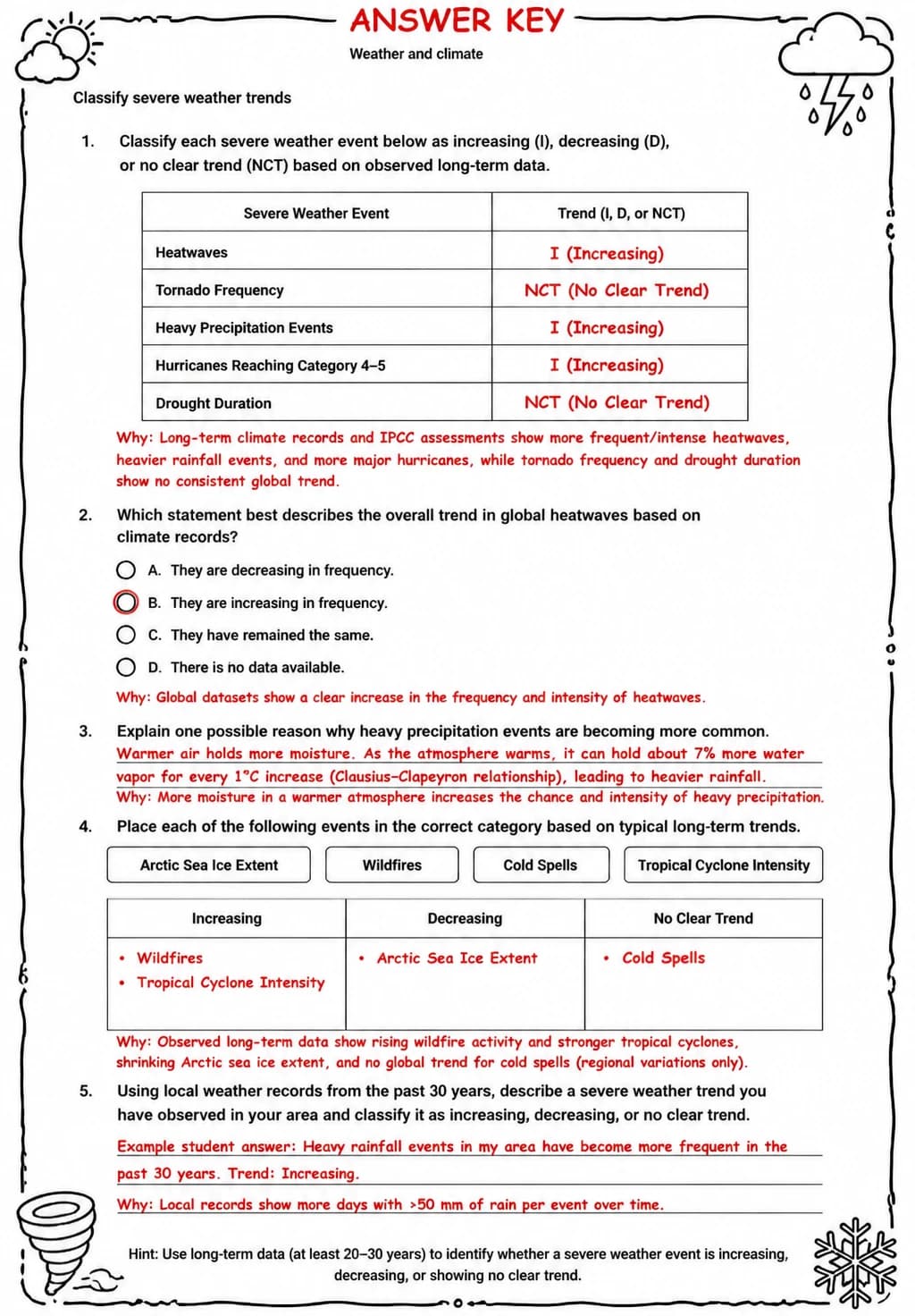 Answer key for Classify severe weather trends — free printable Science worksheet
