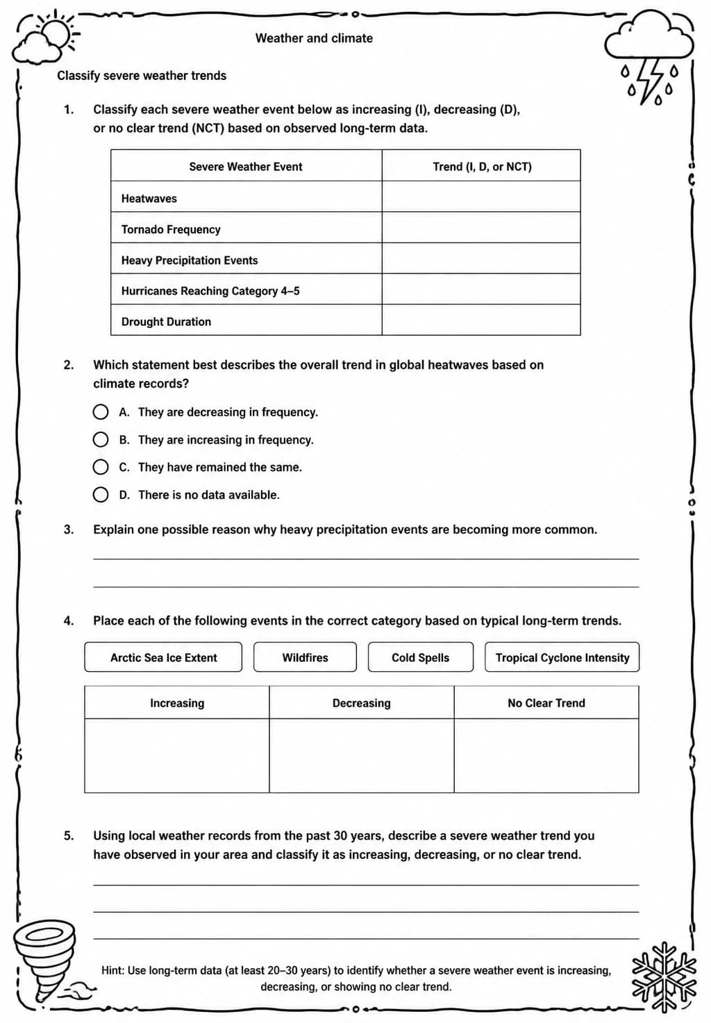 Classify severe weather trends — free printable Middle School Science worksheet
