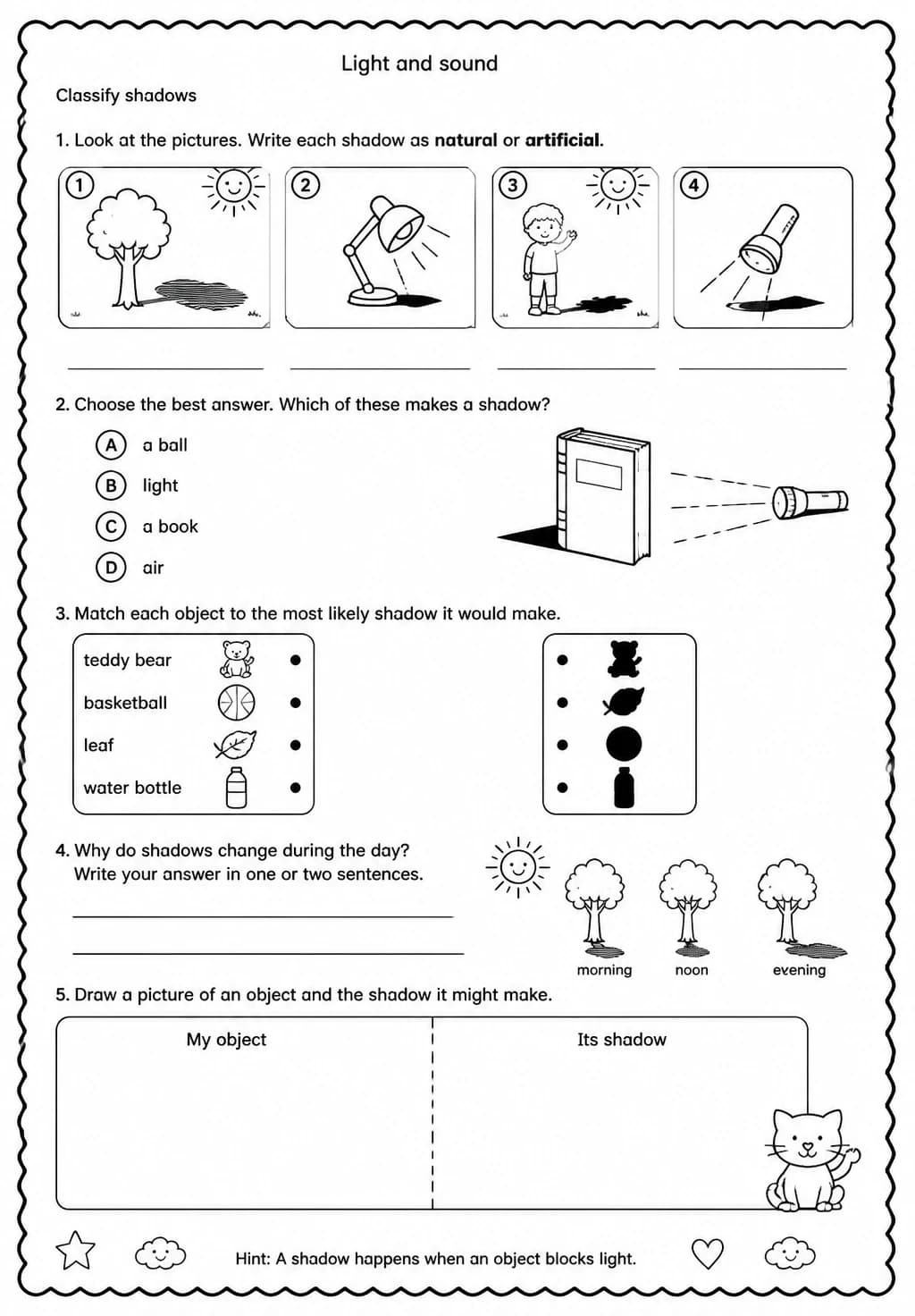 Classify shadows — free printable Grade 2 Science worksheet