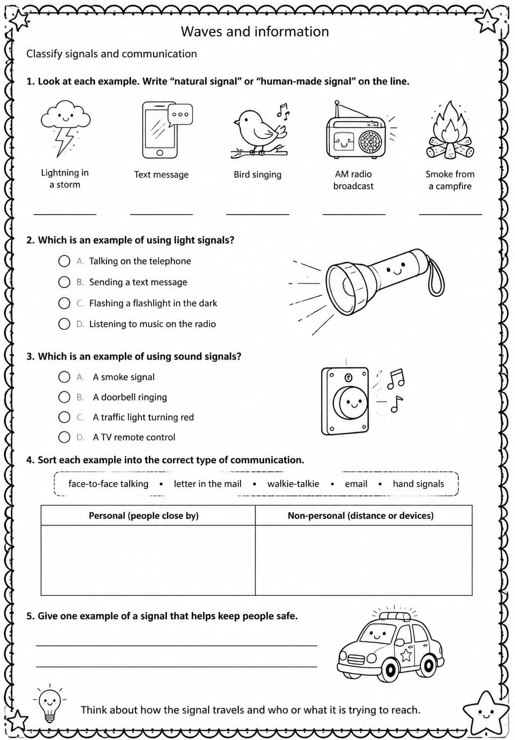 Classify signals and communication — free printable Grade 4 Science worksheet
