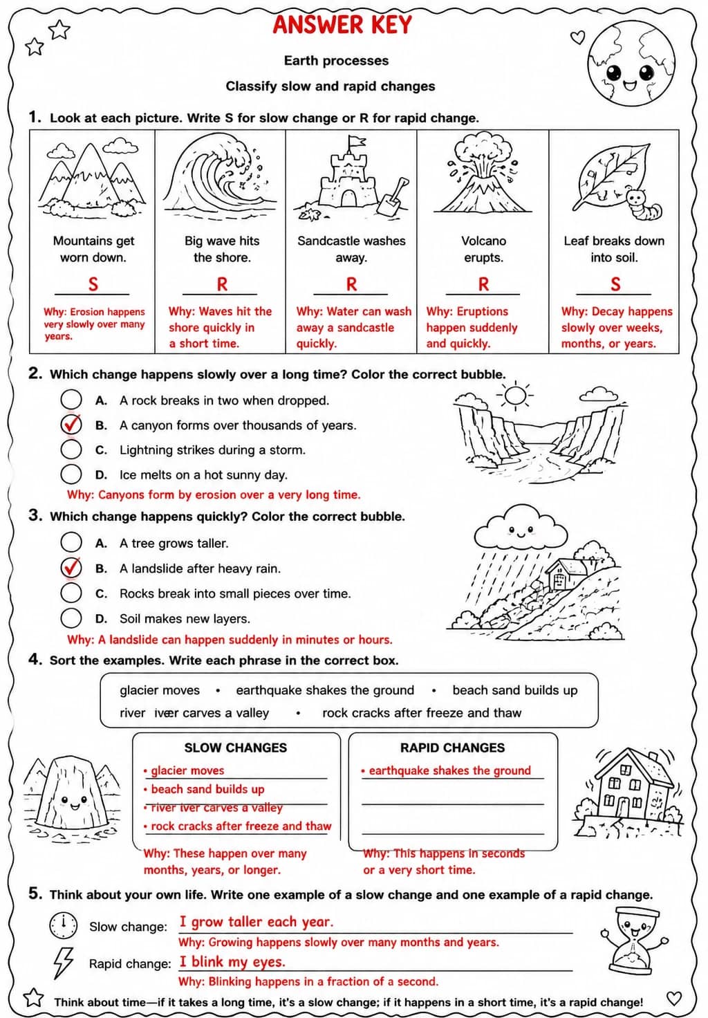Answer key for Classify slow and rapid changes — free printable Science worksheet