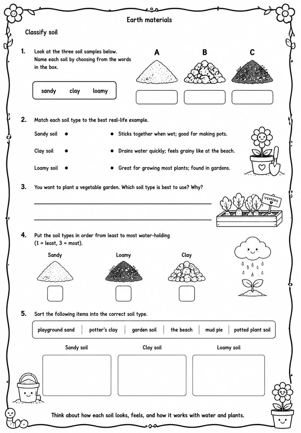 Classify soil — free printable Grade 3 Science worksheet