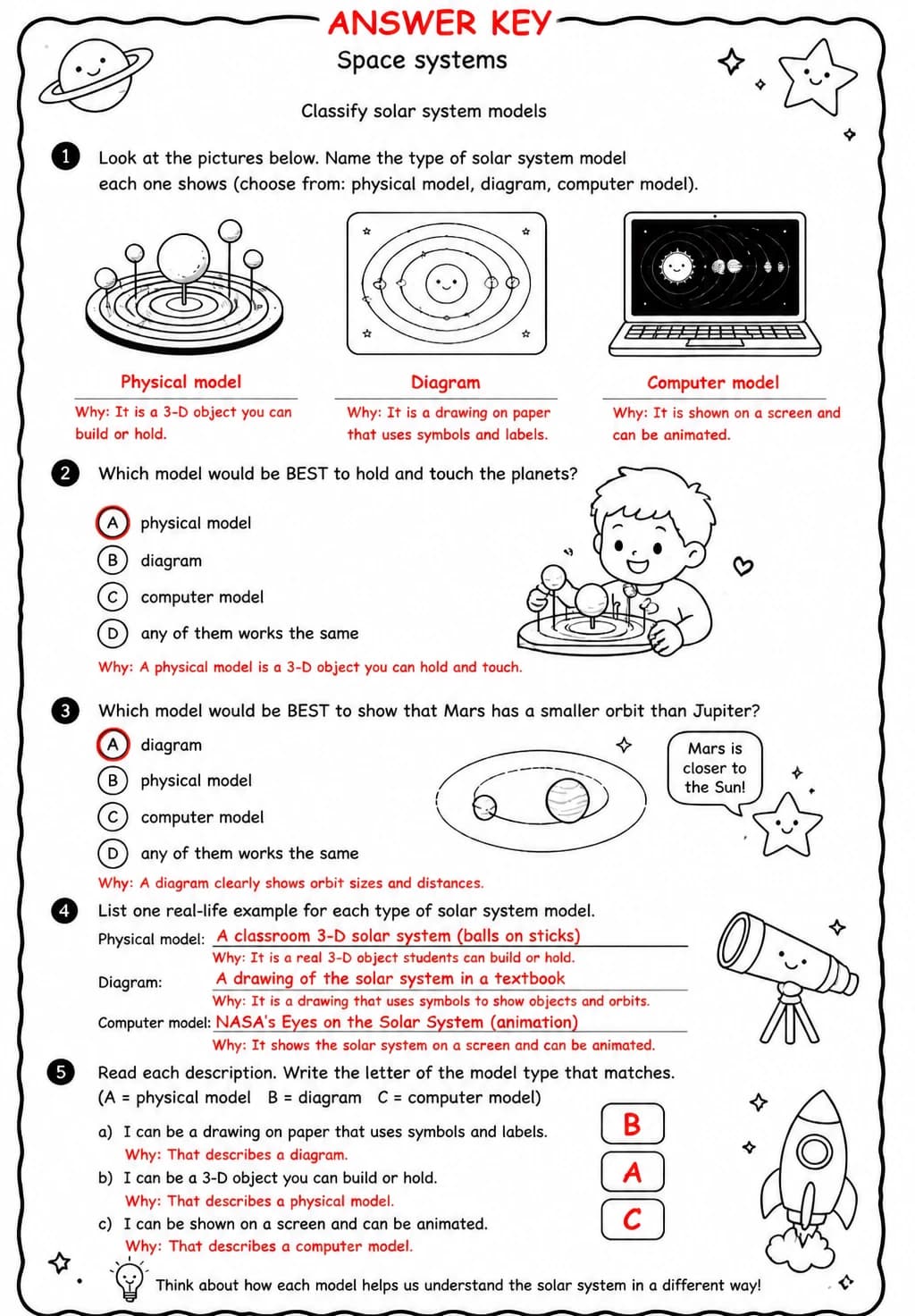 Answer key for Classify solar system models — free printable Science worksheet