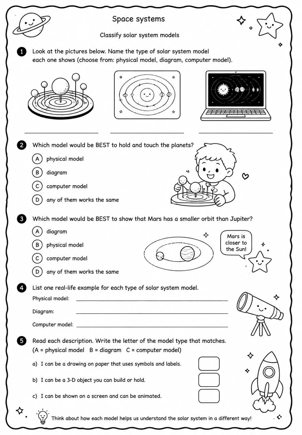 Classify solar system models — free printable Grade 4 Science worksheet