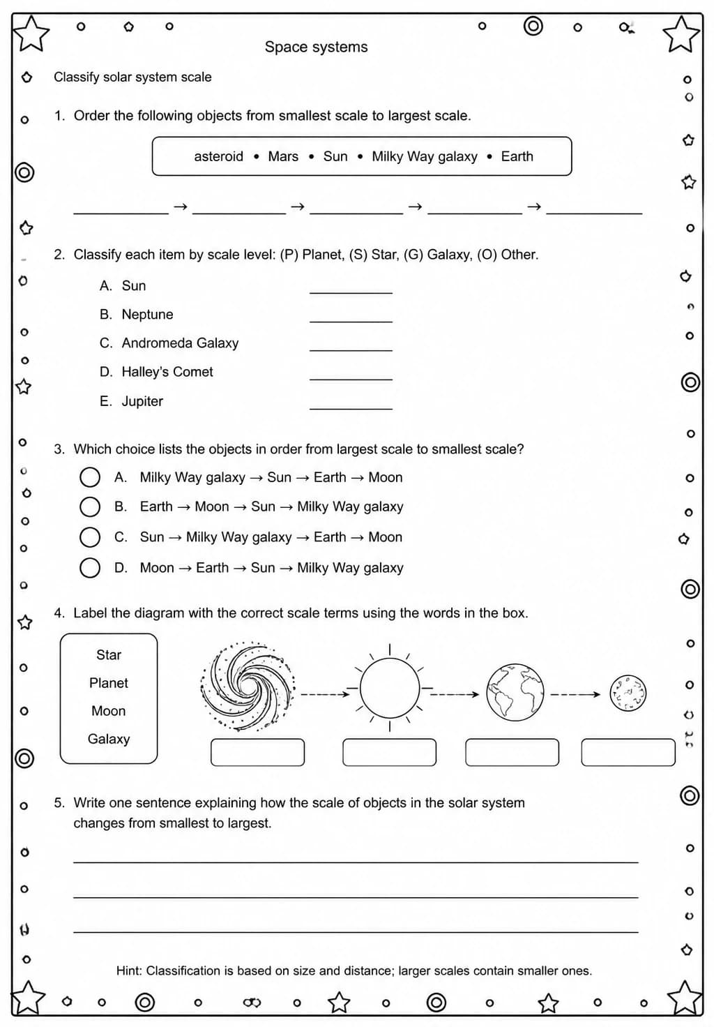 Classify solar system scale — free printable Middle School Science worksheet