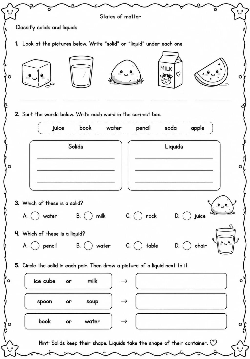 Classify solids and liquids — free printable Grade 1 Science worksheet