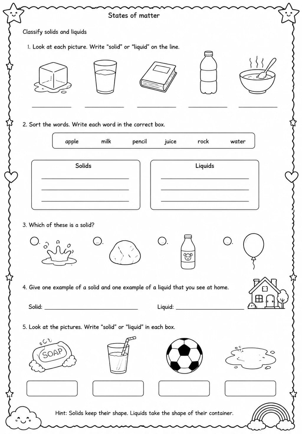Classify solids and liquids — free printable Grade 2 Science worksheet