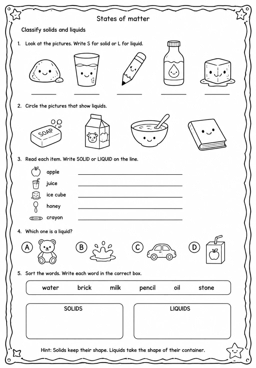 Classify solids and liquids — free printable Kindergarten Science worksheet