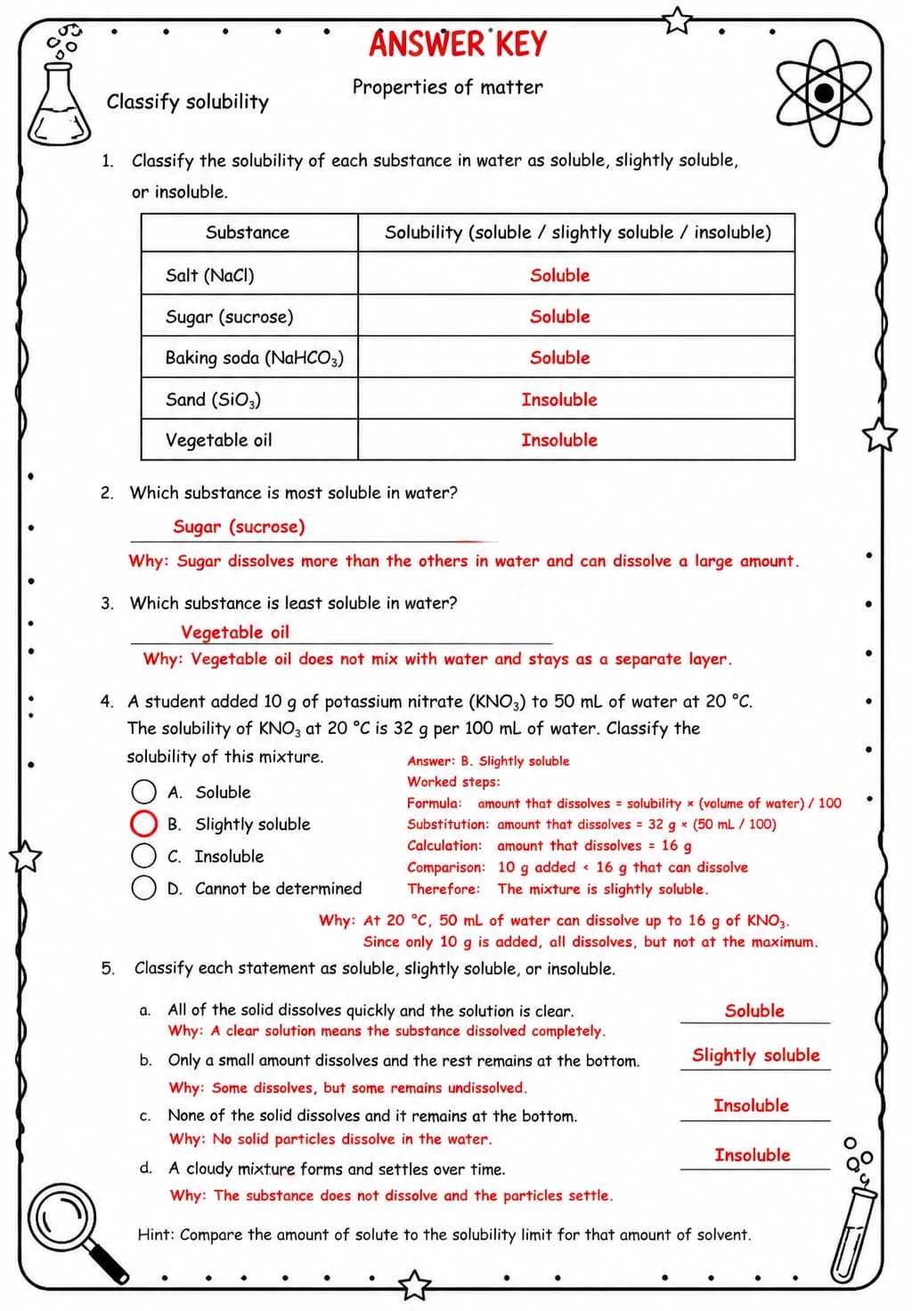 Answer key for Classify solubility — free printable Science worksheet