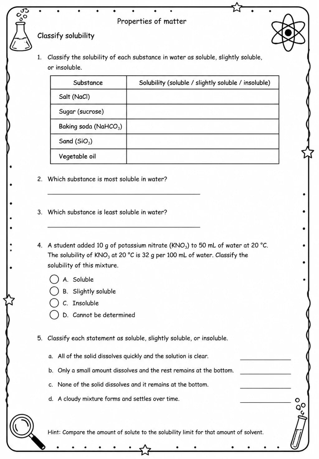 Classify solubility — free printable Grade 5 Science worksheet