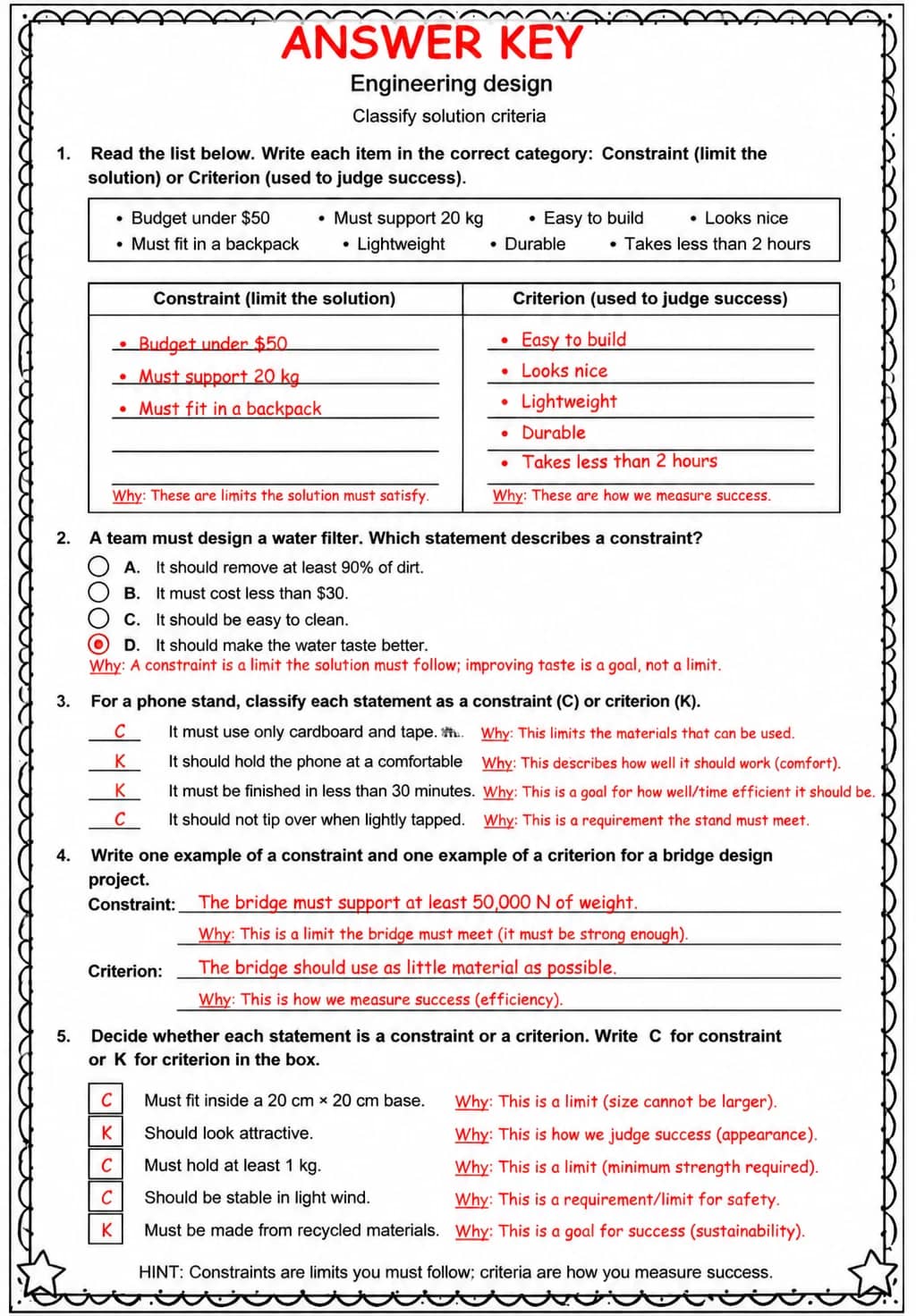 Answer key for Classify solution criteria — free printable Science worksheet
