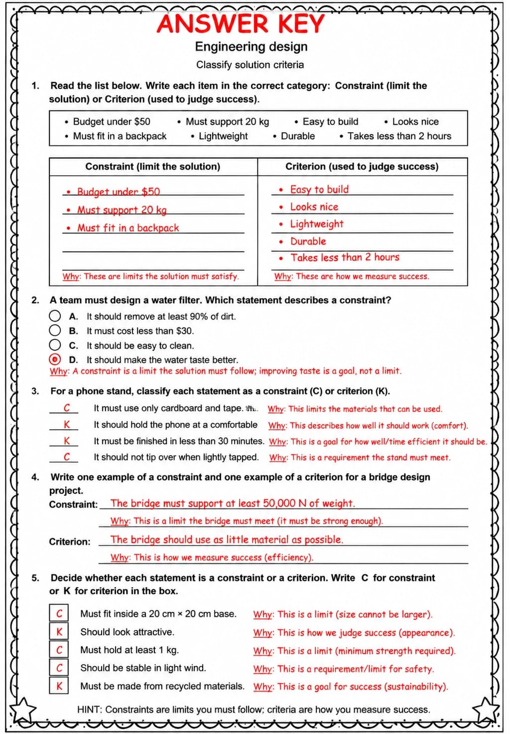 Answer key for Classify solution criteria — free printable Science worksheet