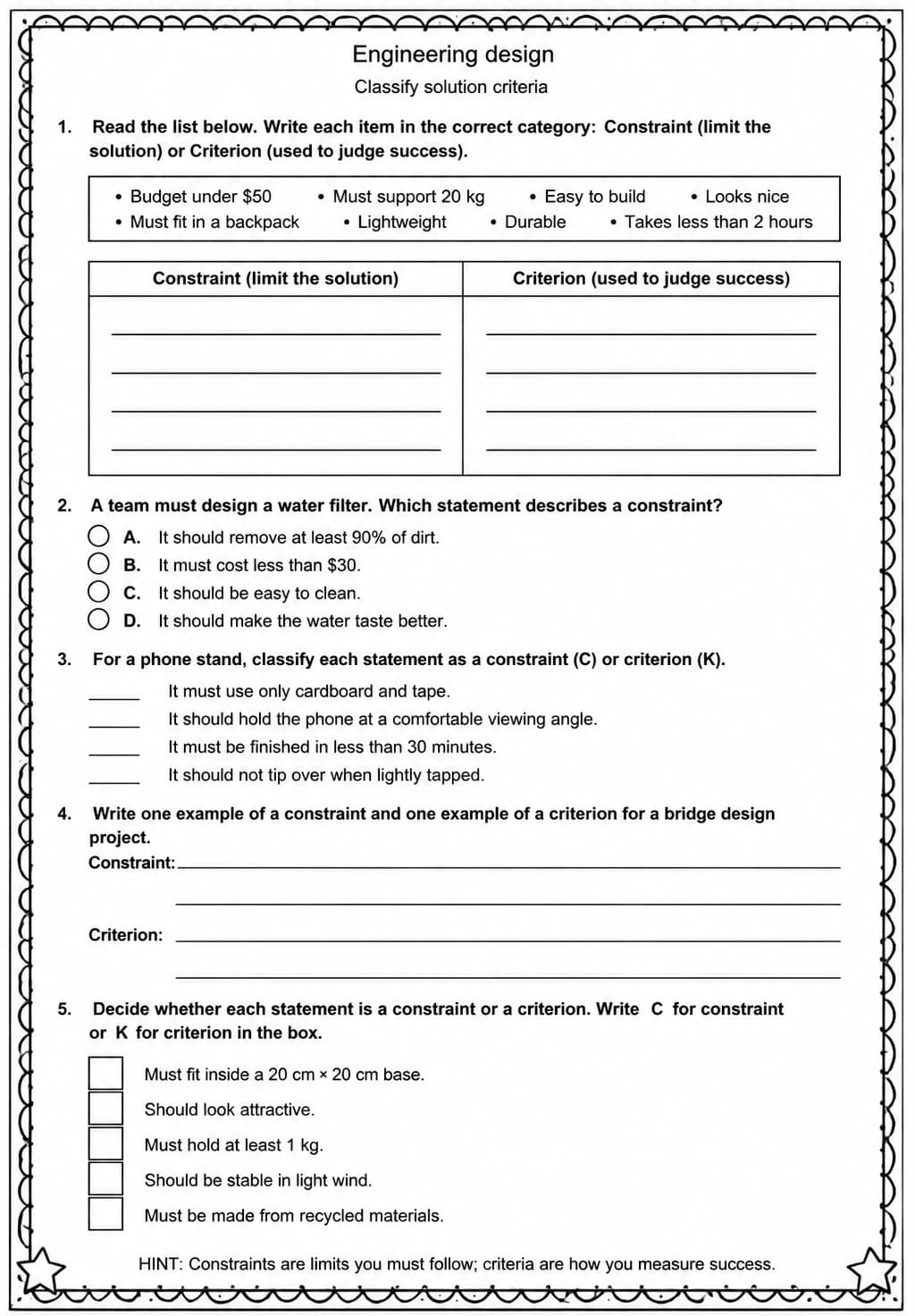 Classify solution criteria — free printable Middle School Science worksheet