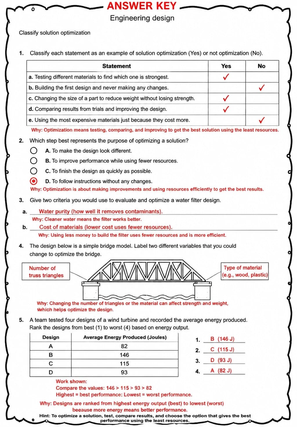 Answer key for Classify solution optimization — free printable Science worksheet