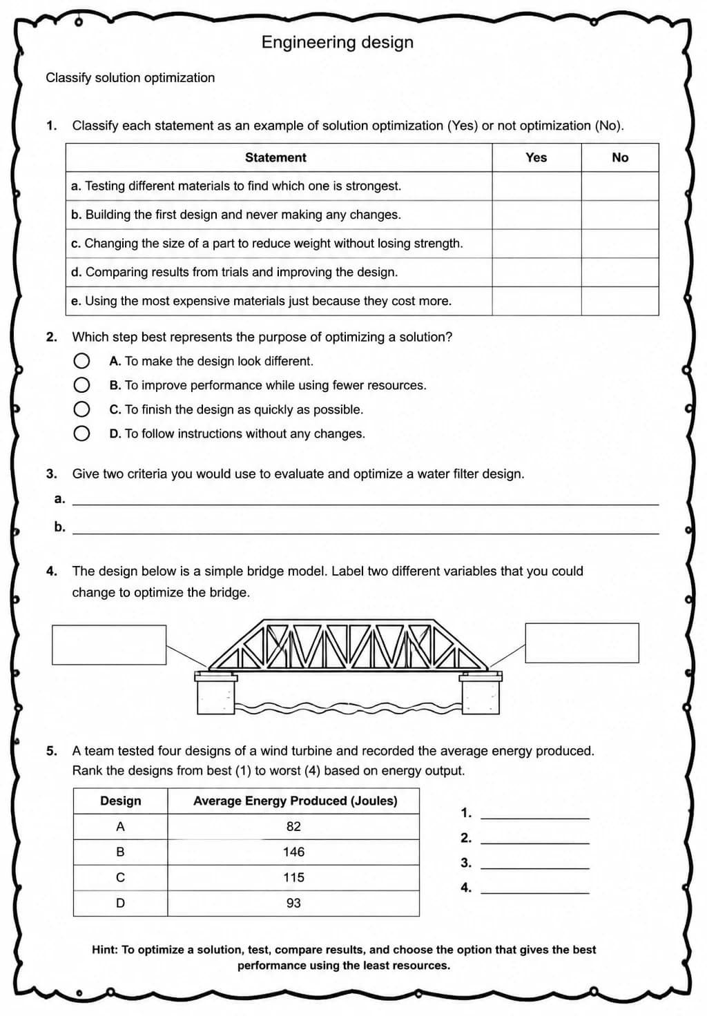Classify solution optimization — free printable Middle School Science worksheet
