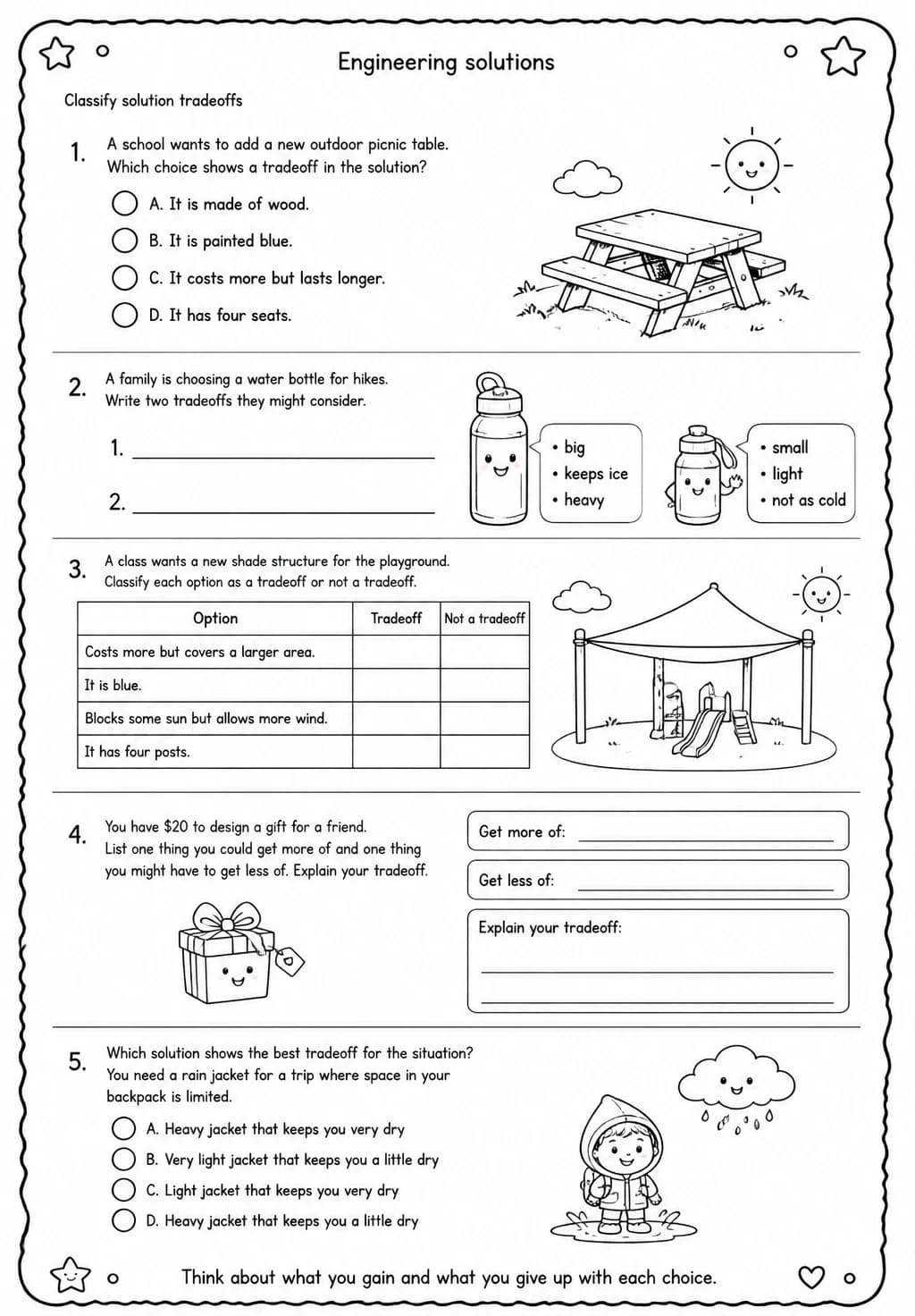 Classify solution tradeoffs — free printable Grade 4 Science worksheet