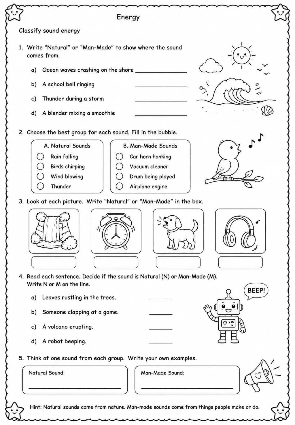 Classify sound energy — free printable Grade 3 Science worksheet