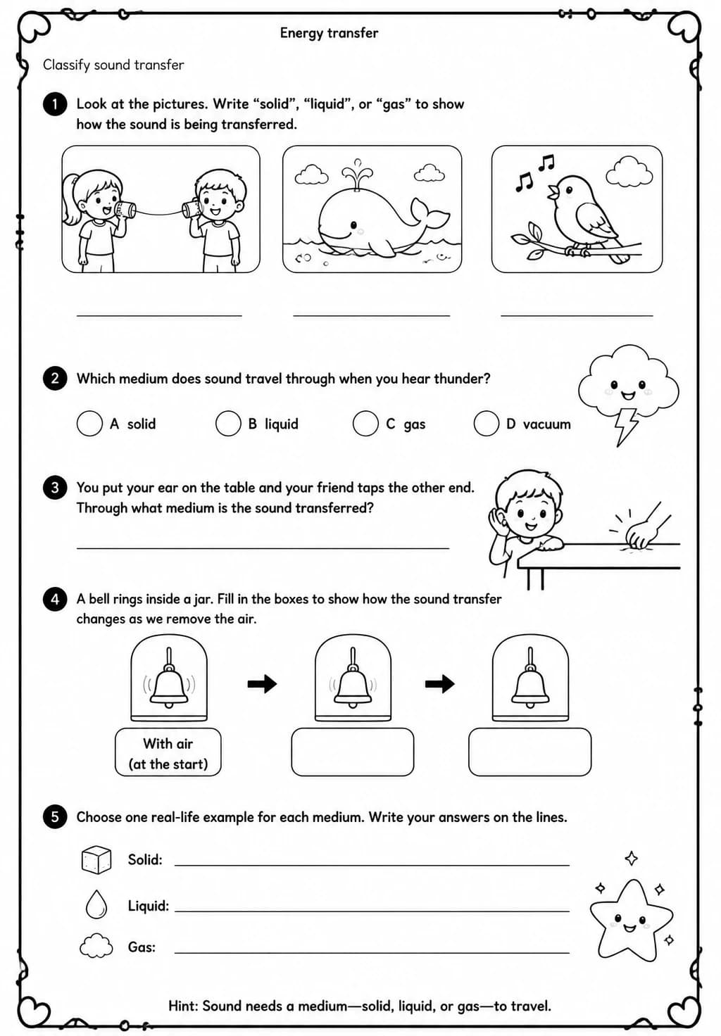 Classify sound transfer — free printable Grade 4 Science worksheet