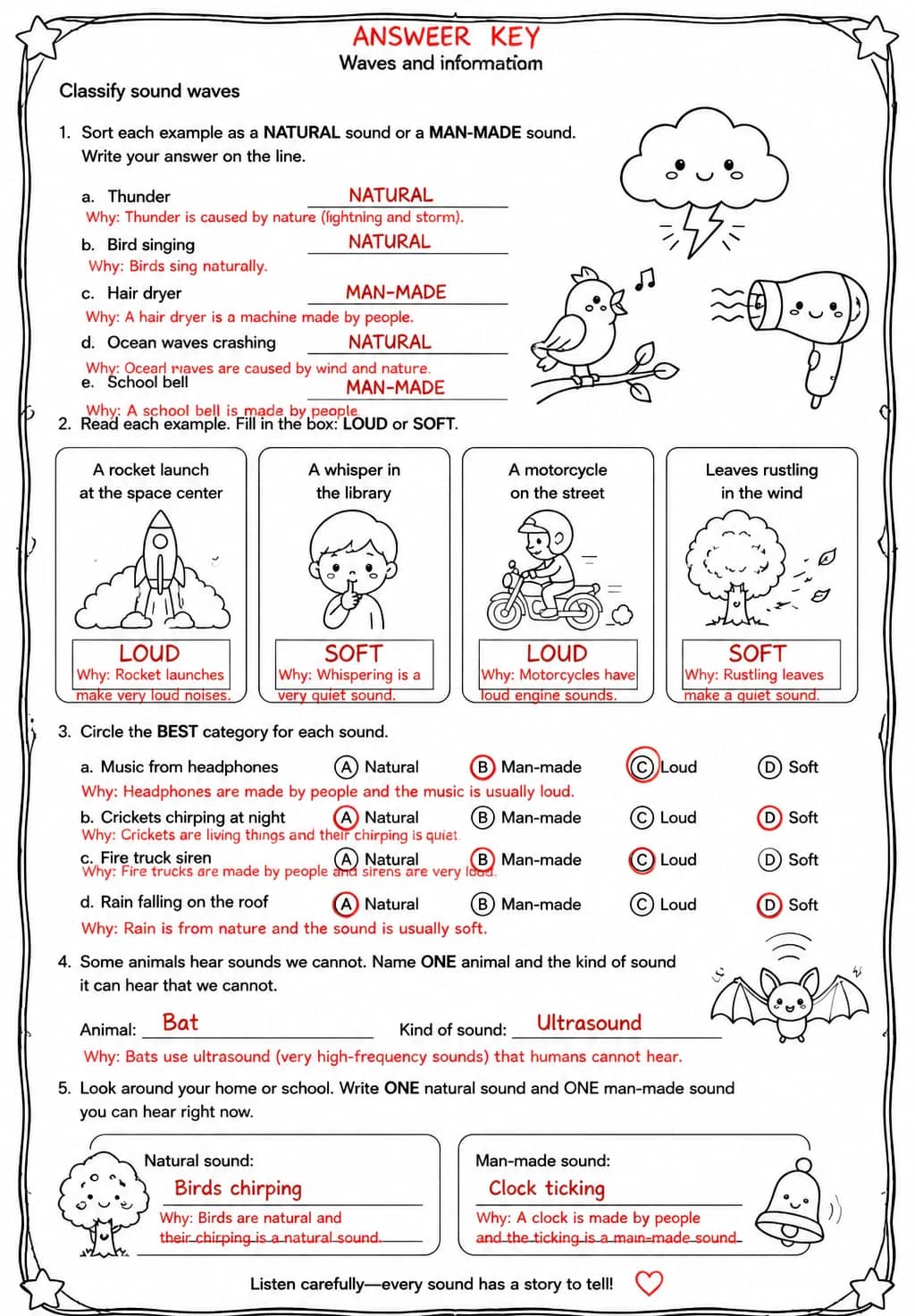 Answer key for Classify sound waves — free printable Science worksheet