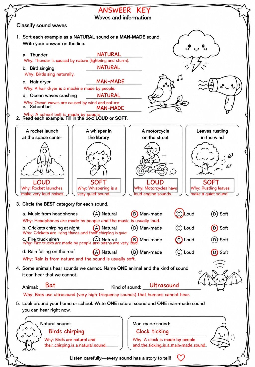 Answer key for Classify sound waves — free printable Science worksheet