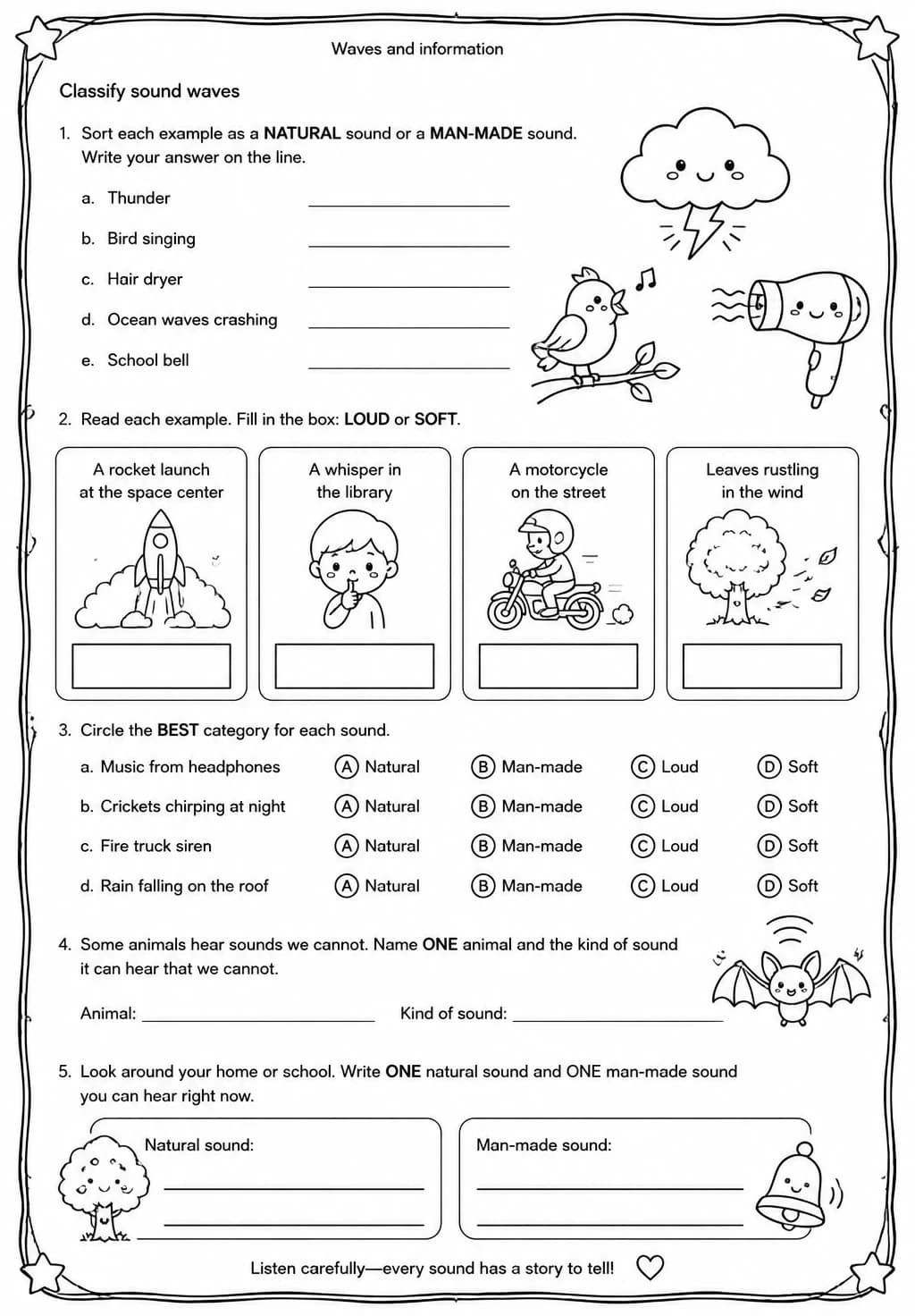 Classify sound waves — free printable Grade 4 Science worksheet