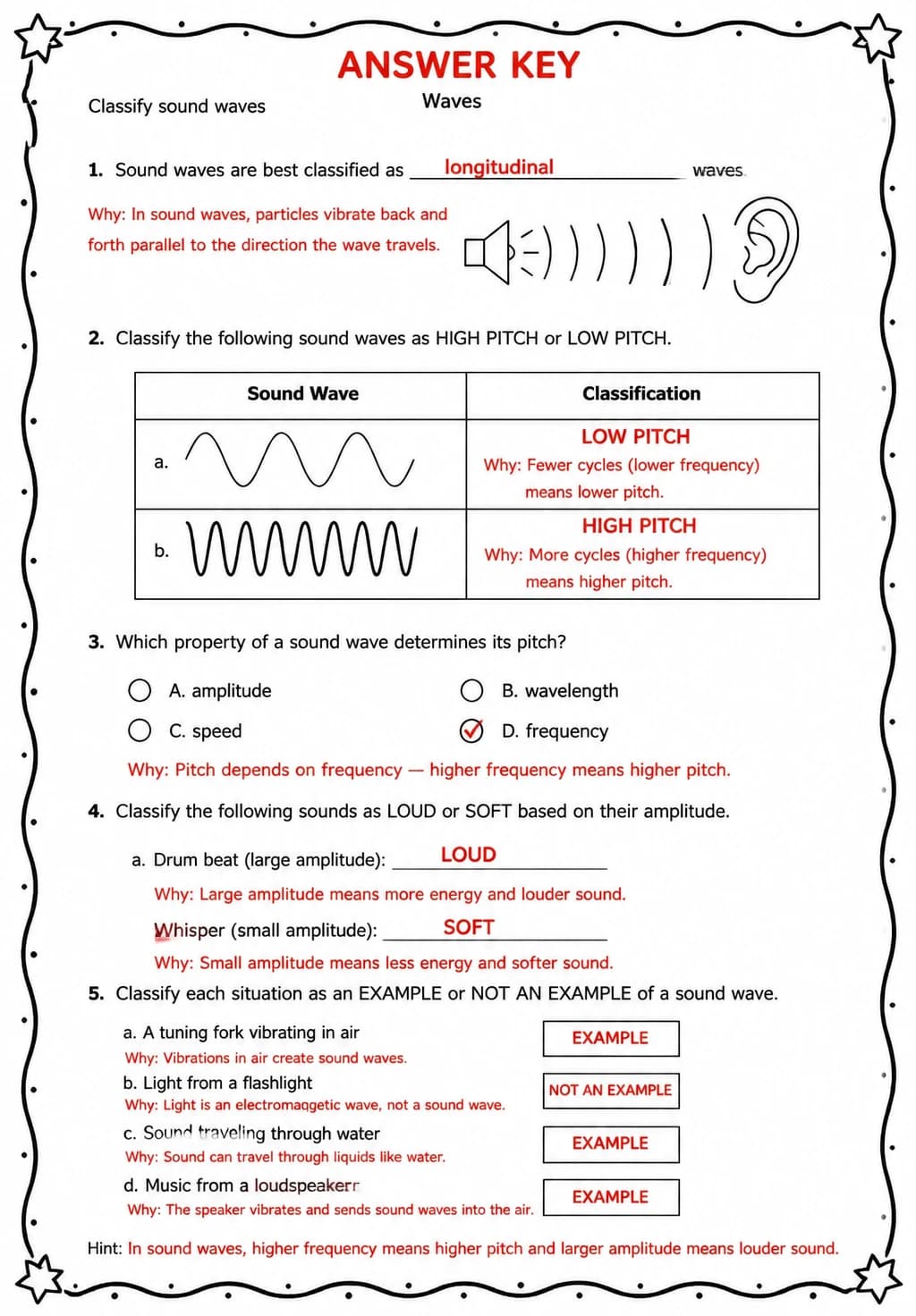 Answer key for Classify sound waves — free printable Science worksheet