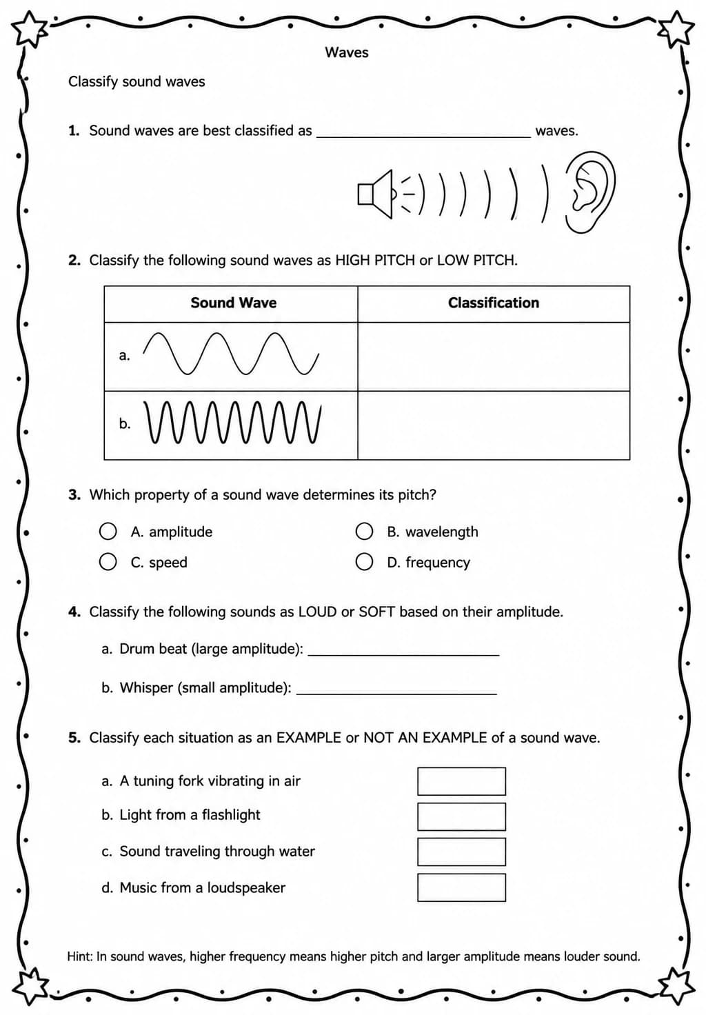 Classify sound waves — free printable Middle School Science worksheet