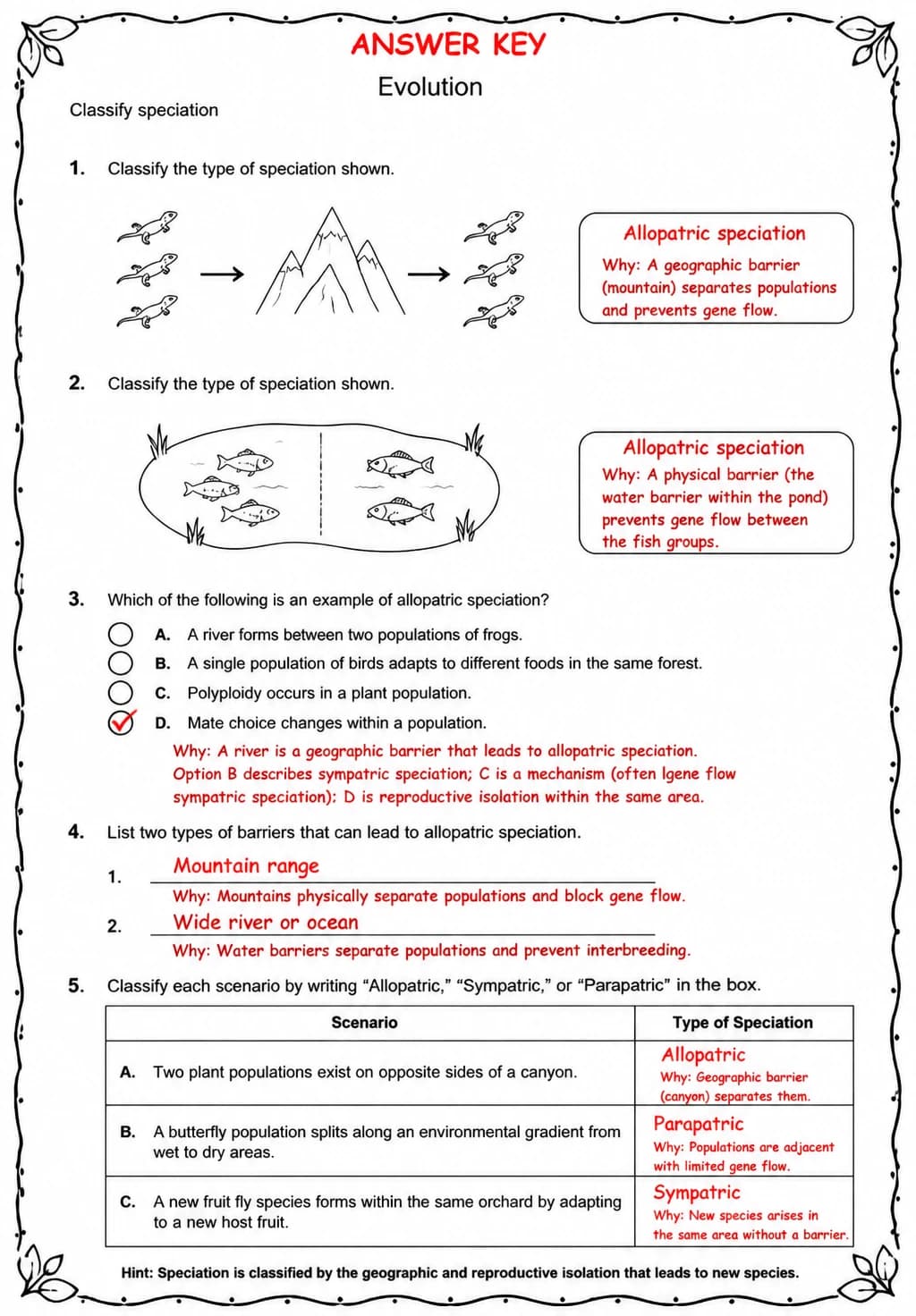 Answer key for Classify speciation — free printable Science worksheet