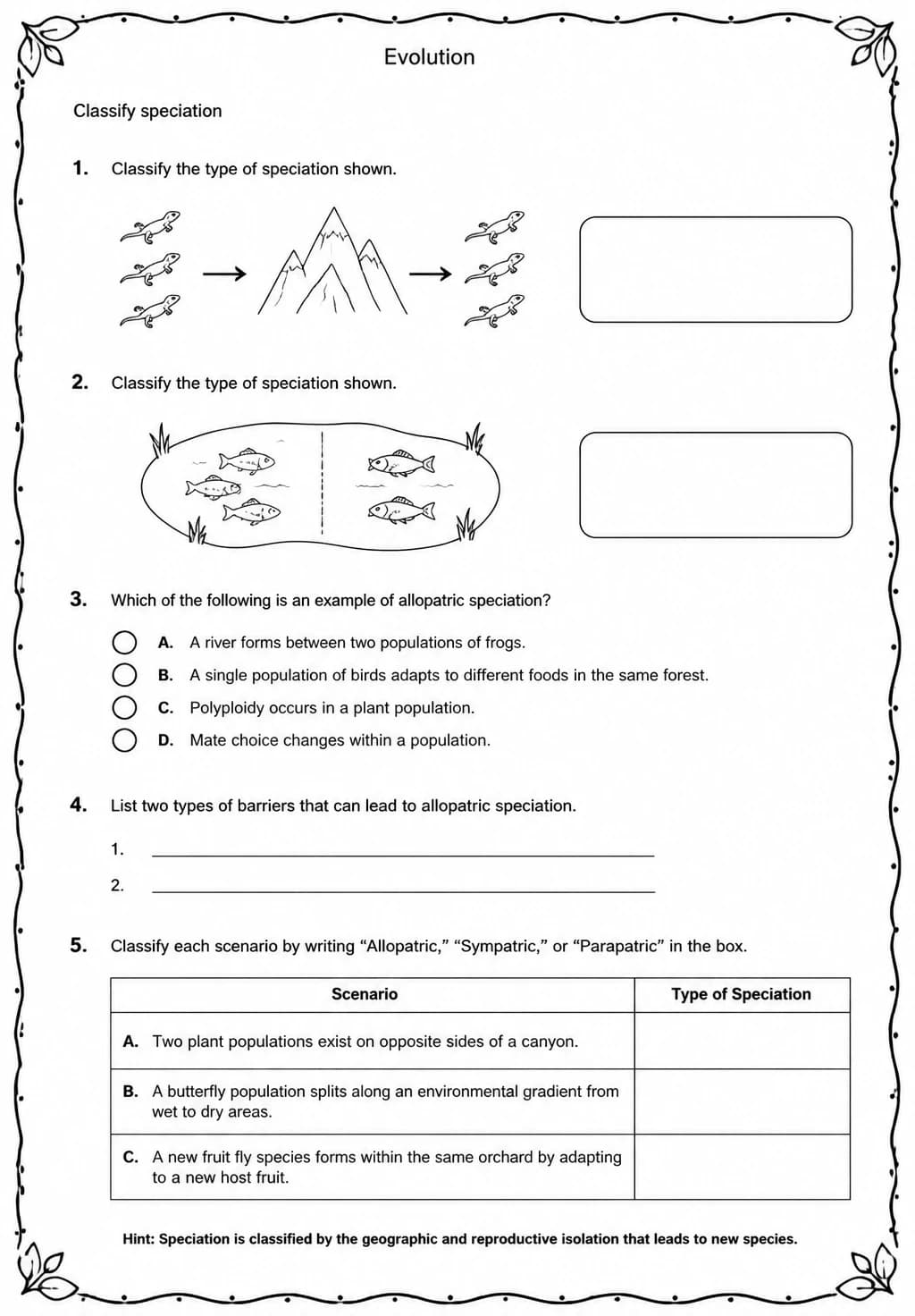 Classify speciation — free printable High School Science worksheet