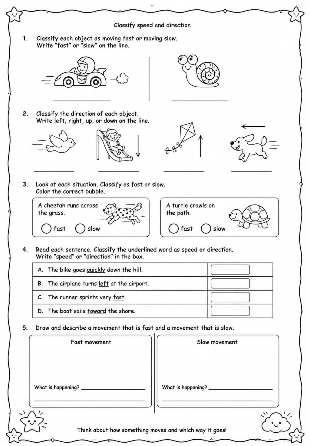 Classify speed and direction — free printable Grade 2 Science worksheet