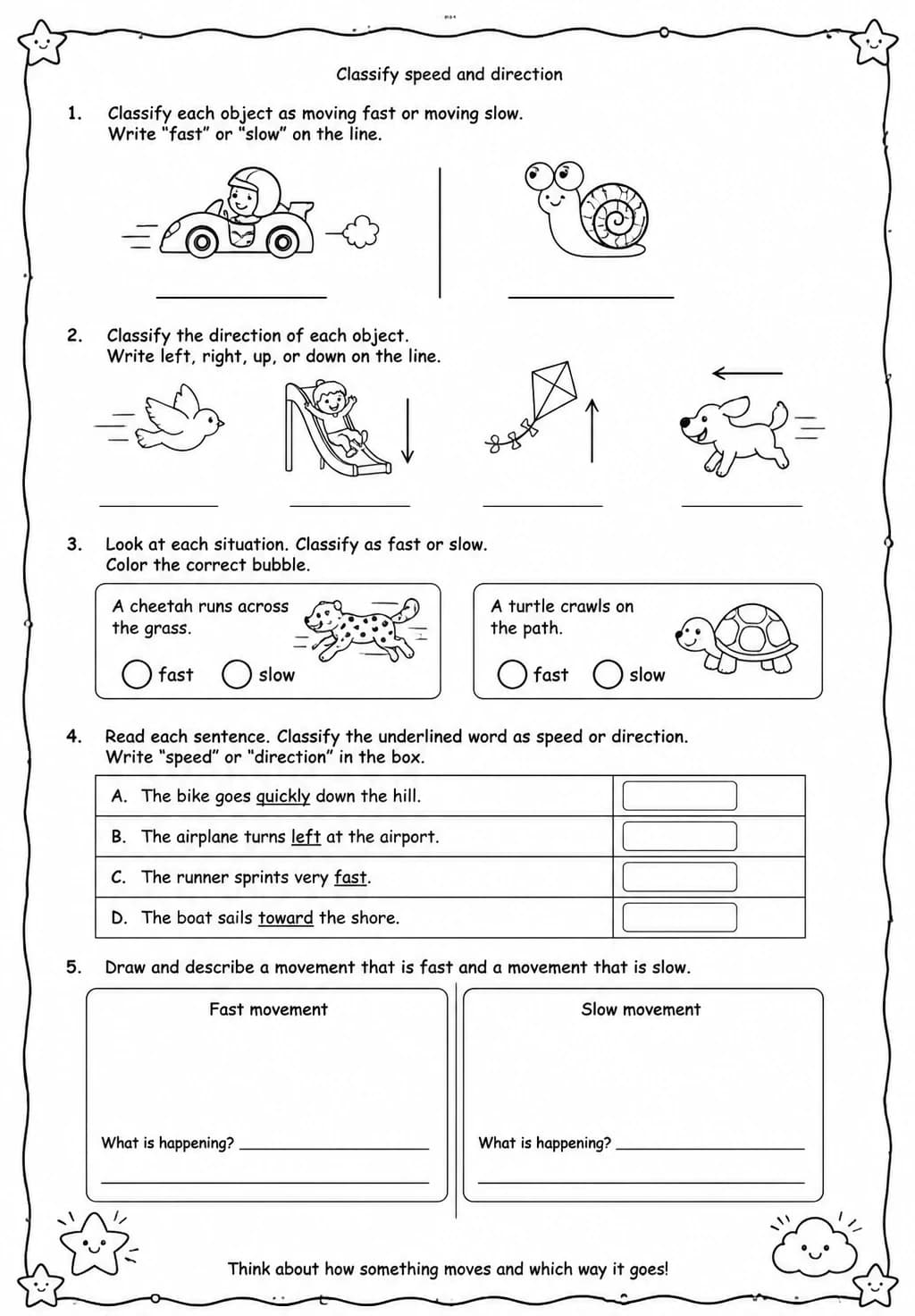 Classify speed and direction — free printable Grade 2 Science worksheet