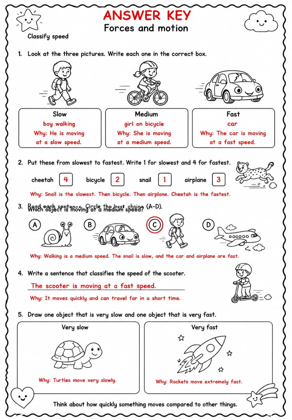 Answer key for Classify speed — free printable Science worksheet