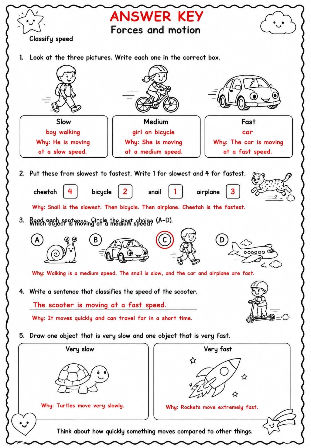 Answer key for Classify speed — free printable Science worksheet