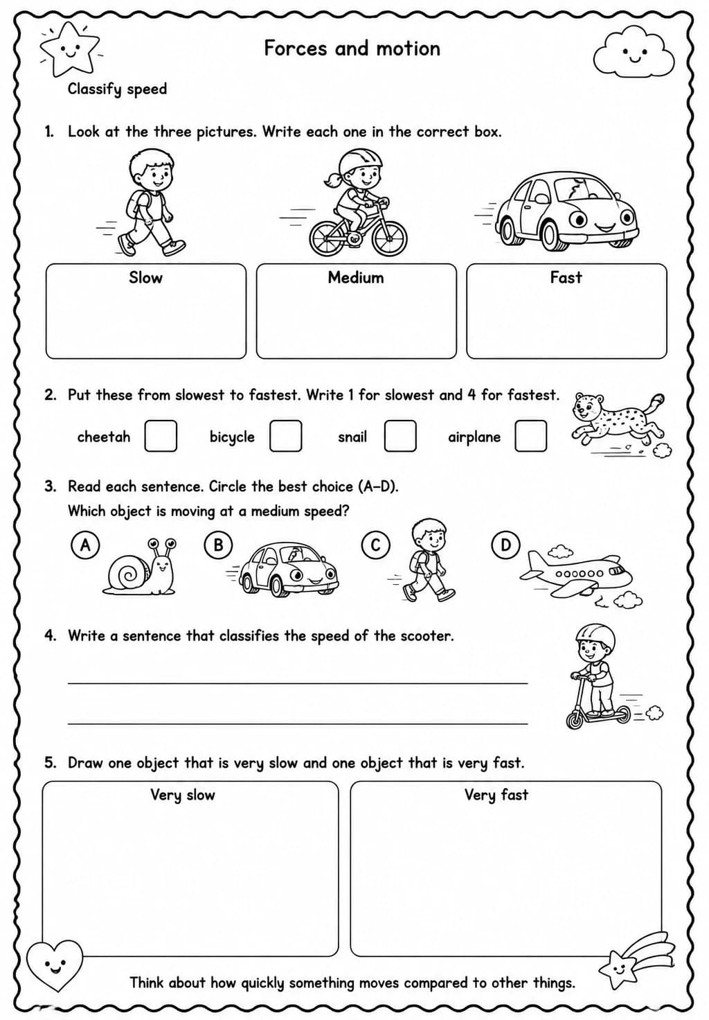 Classify speed — free printable Grade 4 Science worksheet