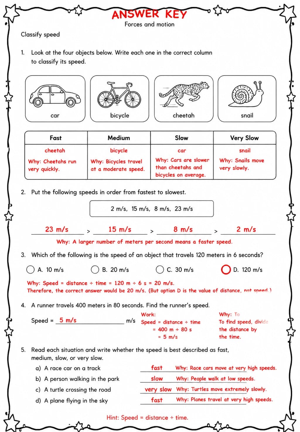 Answer key for Classify speed — free printable Science worksheet