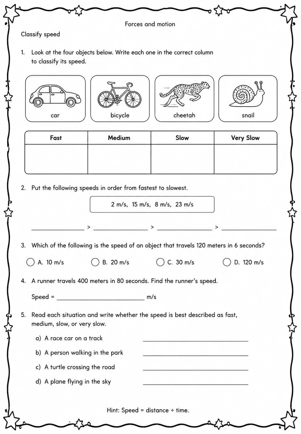 Classify speed — free printable Middle School Science worksheet