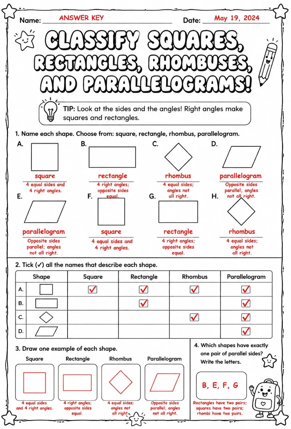 Answer key for Classify squares, rectangles, rhombuses, and parallelograms — free printable Math worksheet