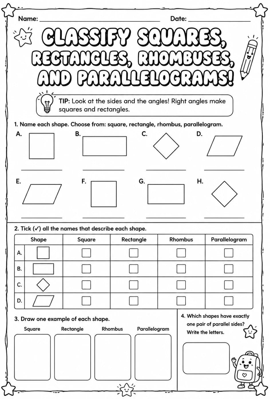 Classify squares, rectangles, rhombuses, and parallelograms — free printable Grade 3 math worksheet
