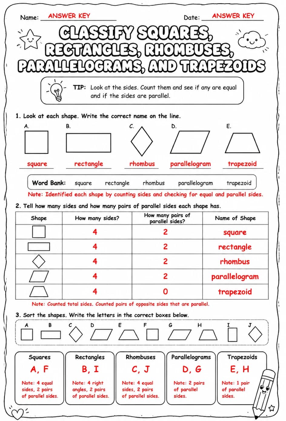 Answer key for Classify squares, rectangles, rhombuses, parallelograms, and trapezoids — free printable Math worksheet