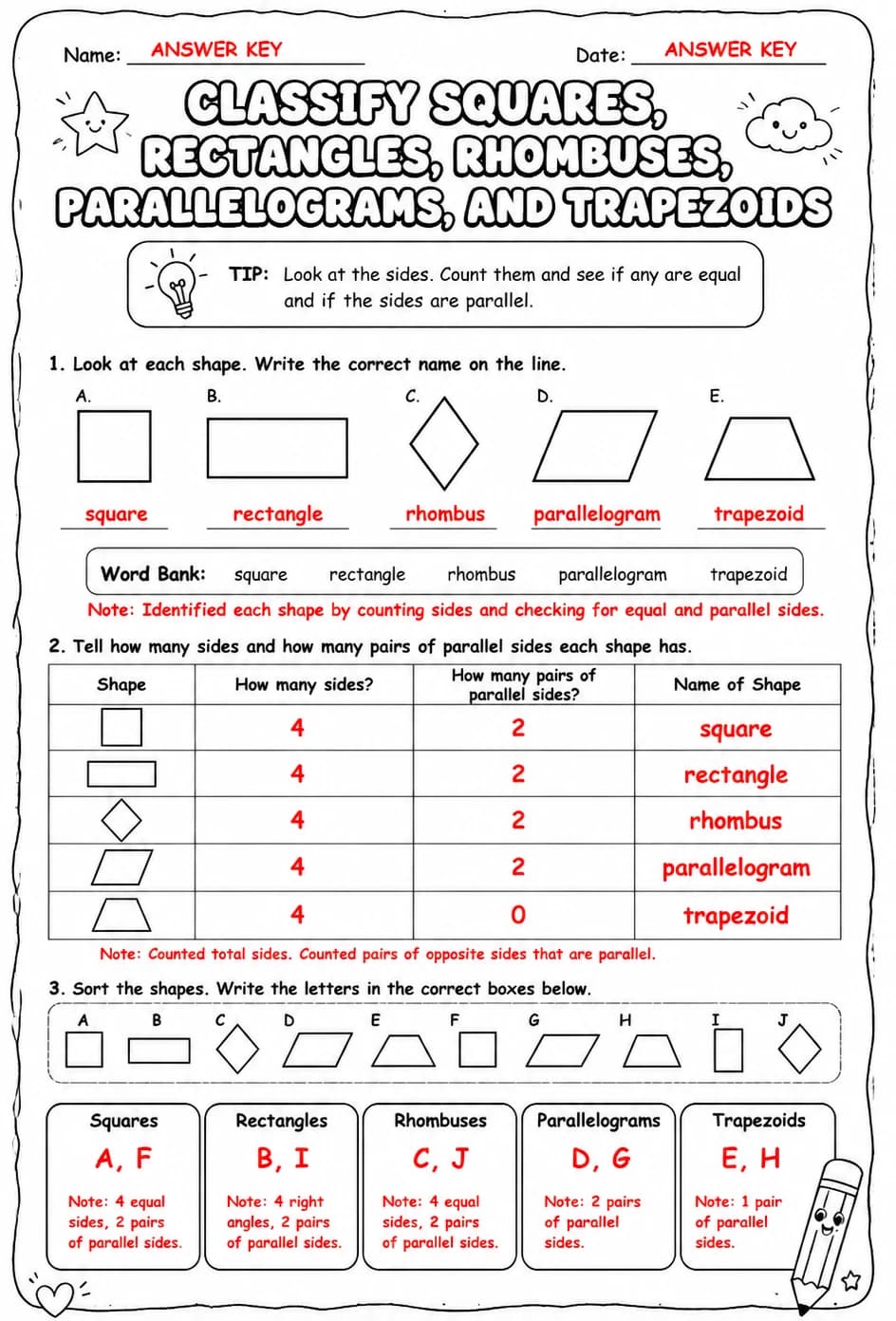 Answer key for Classify squares, rectangles, rhombuses, parallelograms, and trapezoids — free printable Math worksheet