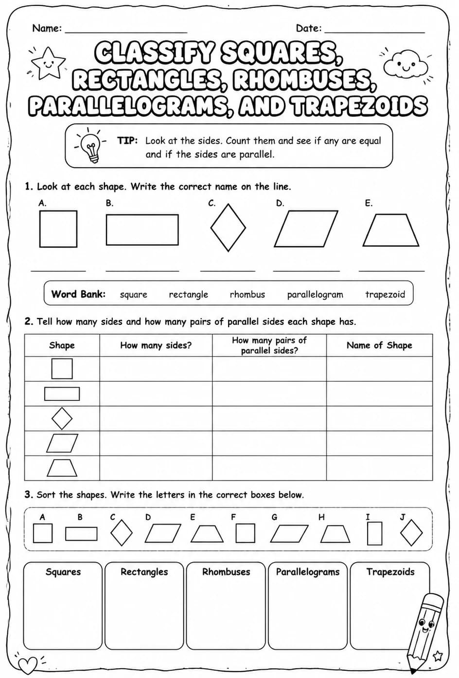 Classify squares, rectangles, rhombuses, parallelograms, and trapezoids — free printable Grade 3 math worksheet