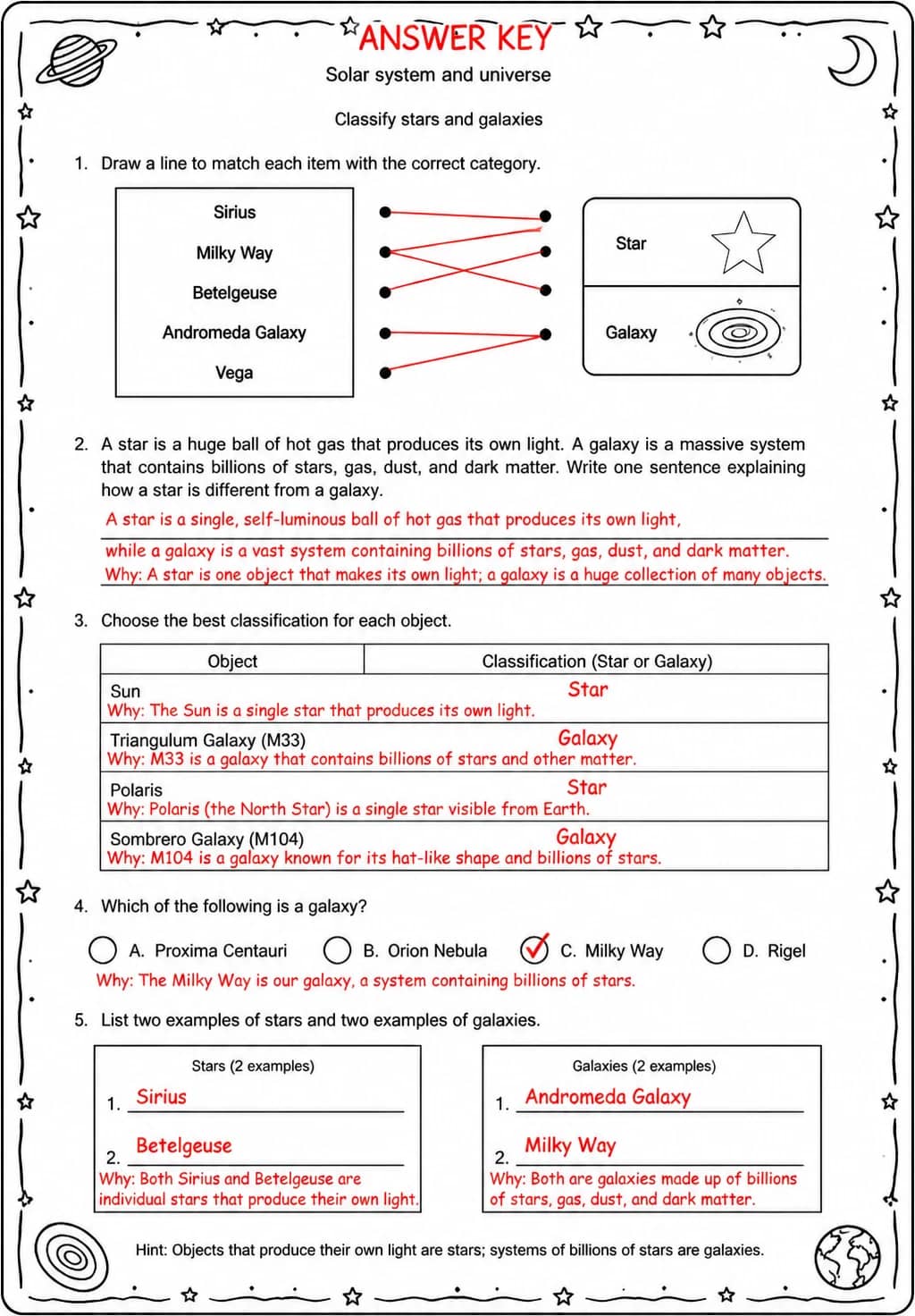 Answer key for Classify stars and galaxies — free printable Science worksheet