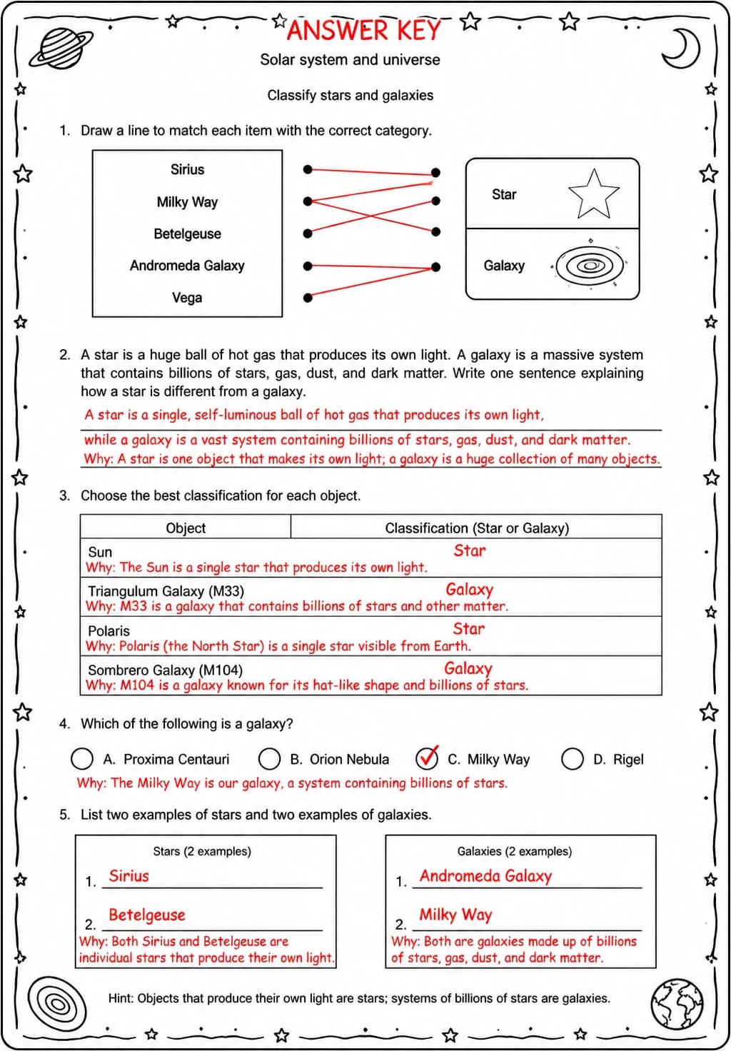 Answer key for Classify stars and galaxies — free printable Science worksheet