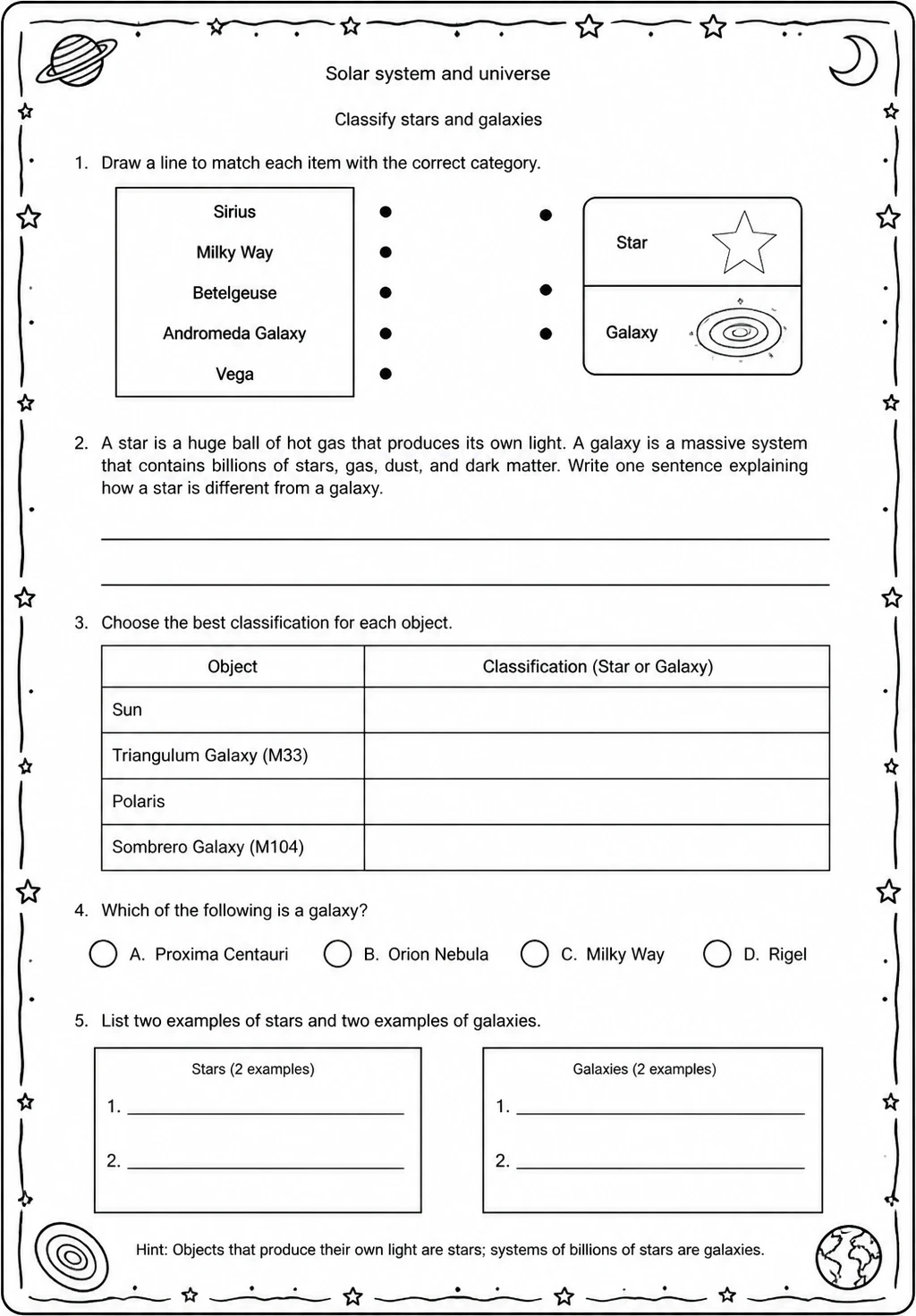Classify stars and galaxies — free printable Middle School Science worksheet