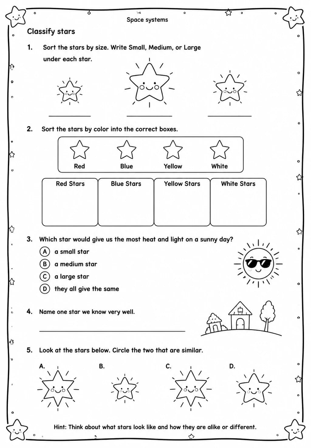 Classify stars — free printable Grade 3 Science worksheet