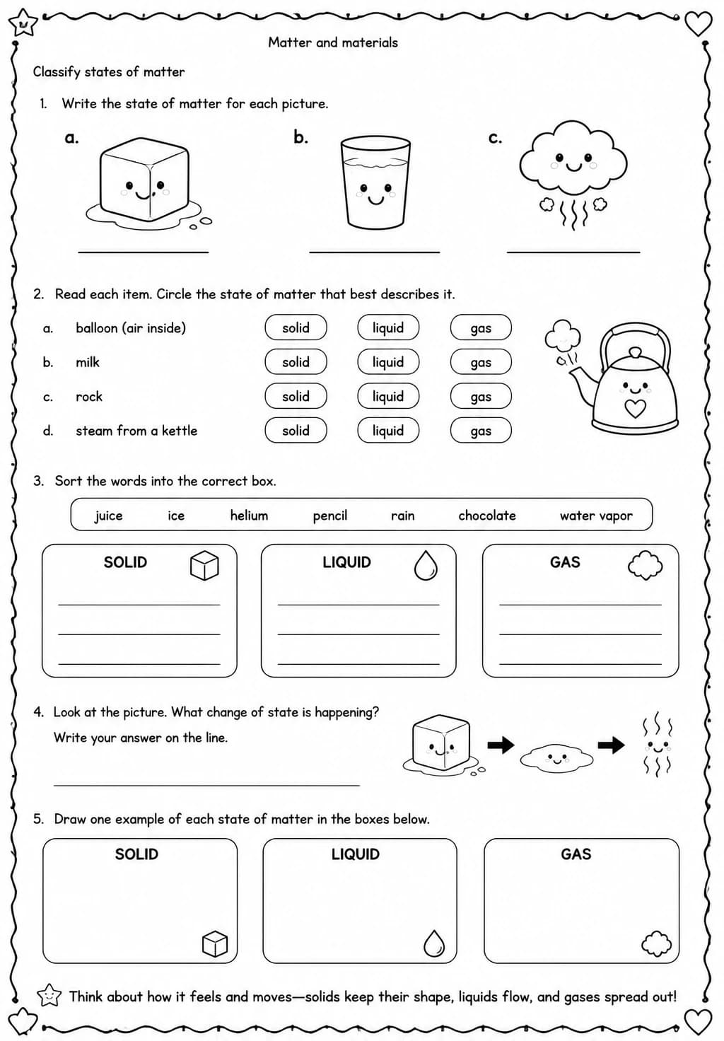 Classify states of matter — free printable Grade 3 Science worksheet